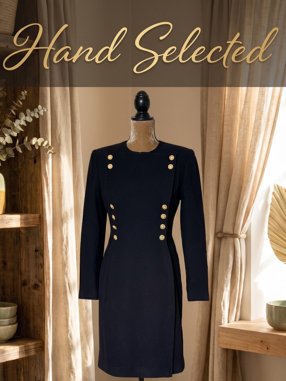 Bloomingdales Vintage 80s Black Wool Mini Dress Gold Filigree Buttons Old Money